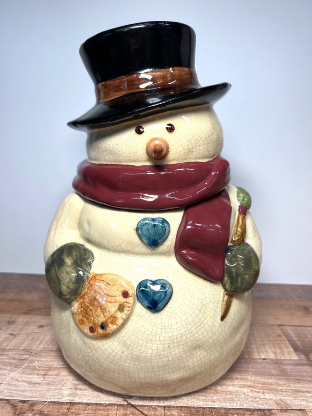 Russ Berrie Holiday Christmas Snowman Painter Artist Cookie Candy Jar
